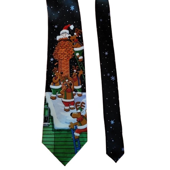 MMG Yule Hallmark Christmas Tie Navy Blue Santa Stuck in the Fireplace - Picture 1 of 12